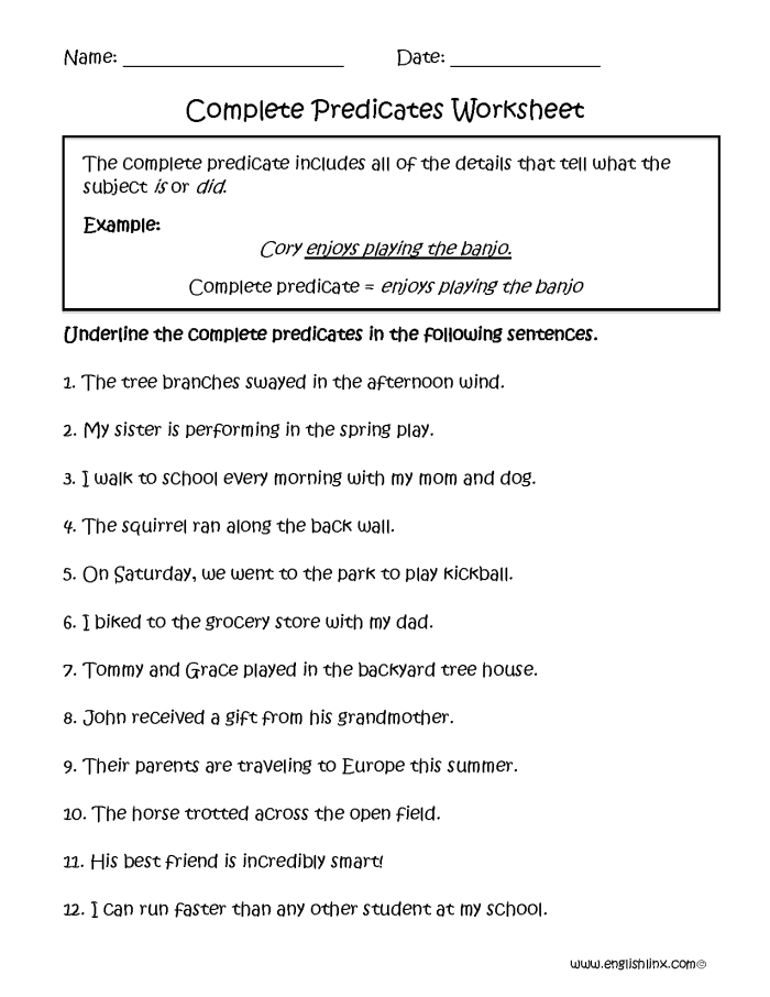 Complete Subject and Complete Predicate worksheet designed for third graders to enhance their sentence structure skills