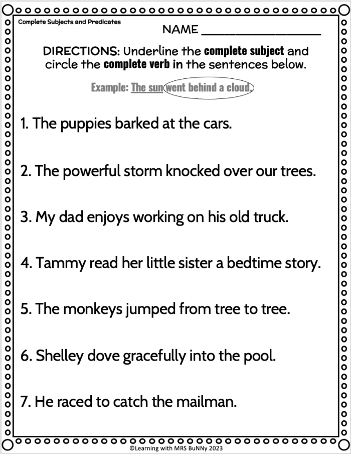 Complete Subject and Complete Predicate worksheet designed for third graders to learn sentence structure