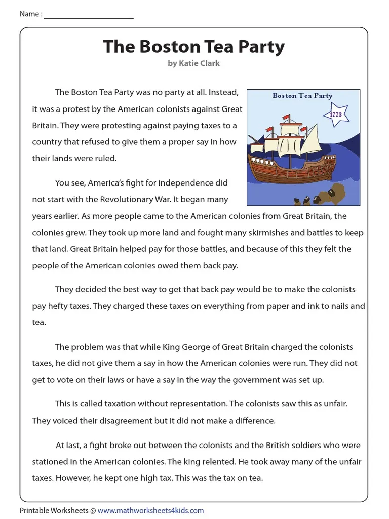 Third grade phonics worksheet focusing on the sequence of events in the Boston Tea Party