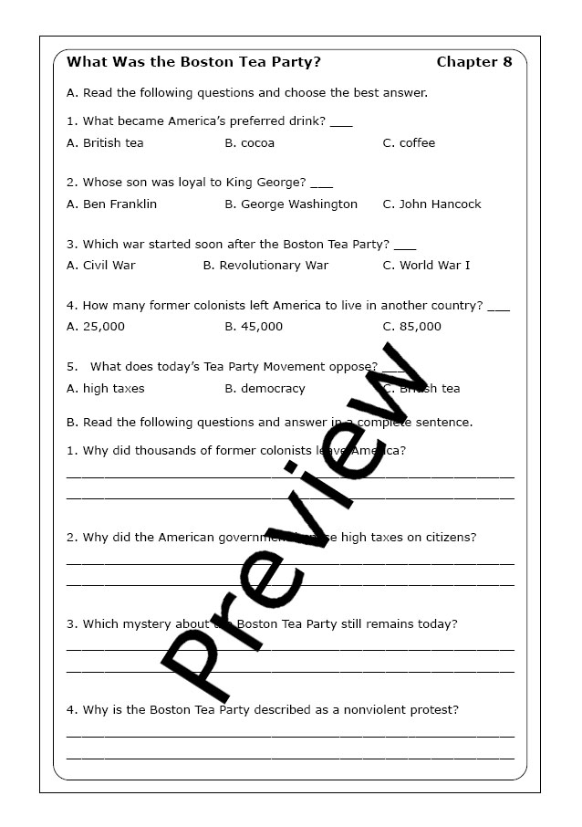 Third grade phonics worksheet focusing on the sequence of events during the Boston Tea Party