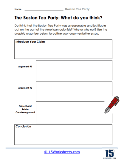 Third grade phonics worksheet illustrating the sequence of events from the Boston Tea Party