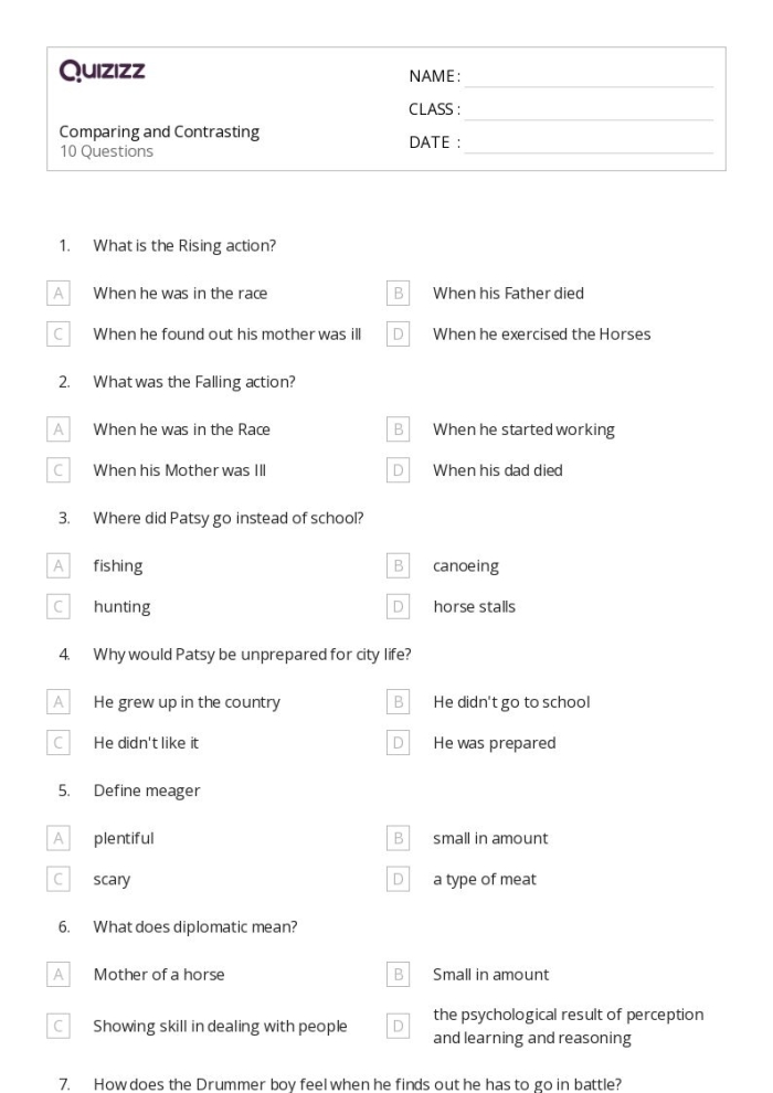 Worksheet for comparing and contrasting settings in fiction texts for third graders Third grade students working on comparing settings in two stories worksheet