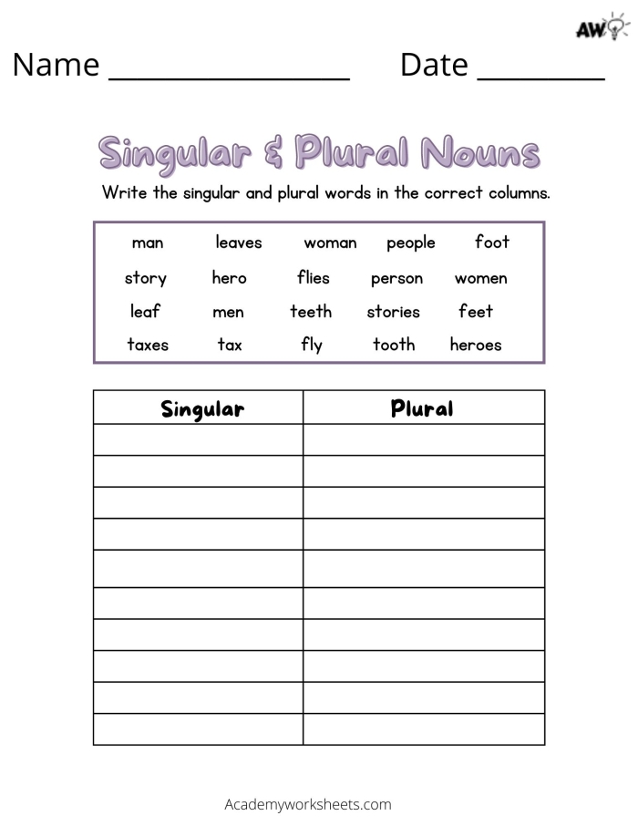 Third grade worksheet showing exercises for converting singular nouns to plural forms with time and money related vocabulary