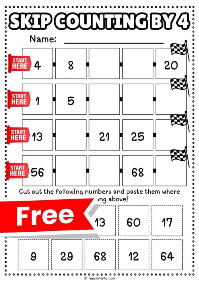 Skip counting by fours practice activity for elementary math learners with candy themed worksheet design Third grade skip counting by 4 worksheet with candy pieces showing a number sequence with missing values for students to complete