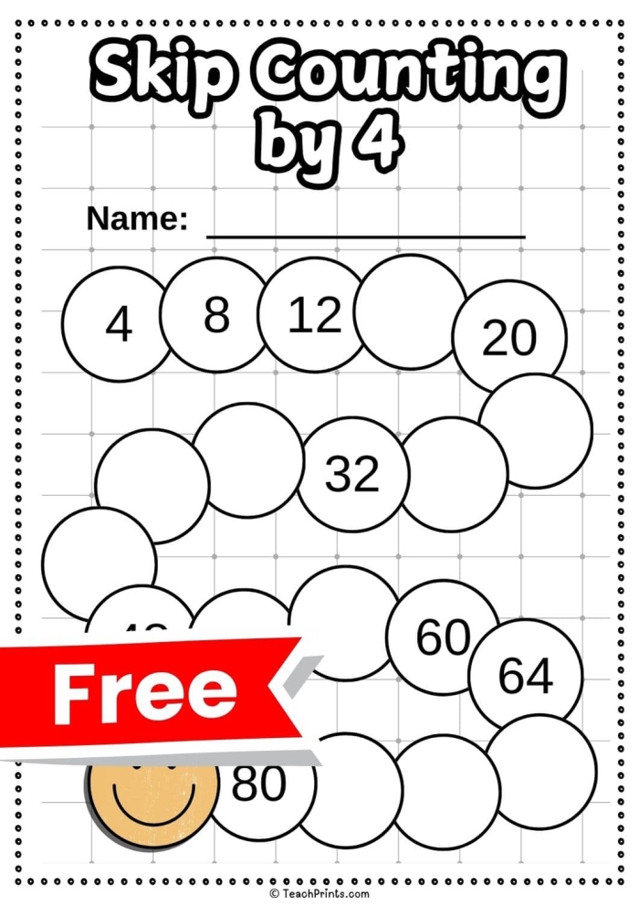 Skip Counting by 4 Math Activity for Elementary Students Image 16 Third grade skip counting by 4 worksheet with candy pieces showing a number sequence with missing values for students to complete