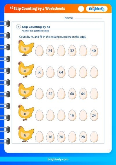 Skip counting by fours practice activity featuring colorful candy graphics with blank spaces in the number pattern Third grade skip counting by 4 worksheet with candy pieces showing a number sequence with missing values for students to complete