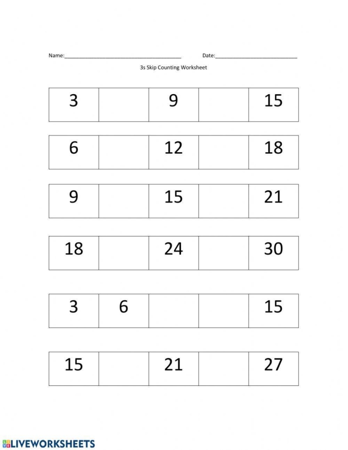 Skip counting exercise by threes for third graders in Earth and Space Science activity 22 Third grade students practicing skip counting by threes on a math worksheet for Earth and Space Science