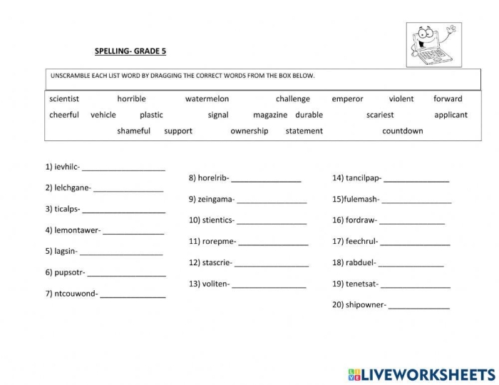 Challenge your spelling skills with this Unscramble Spelling Words activity 7 Third grade spelling worksheet with scrambled letters to reorder