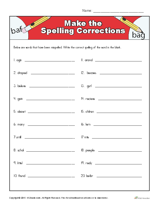 Worksheet image 23 showing kids playing teacher with spelling tests for third grade Third graders correcting spelling mistakes on a worksheet about time and money