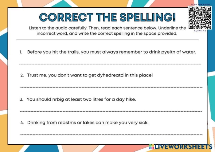 Spelling correction activity featuring Natalie and Joseph for grade 3 students Third graders correcting spelling errors on a worksheet about time and money