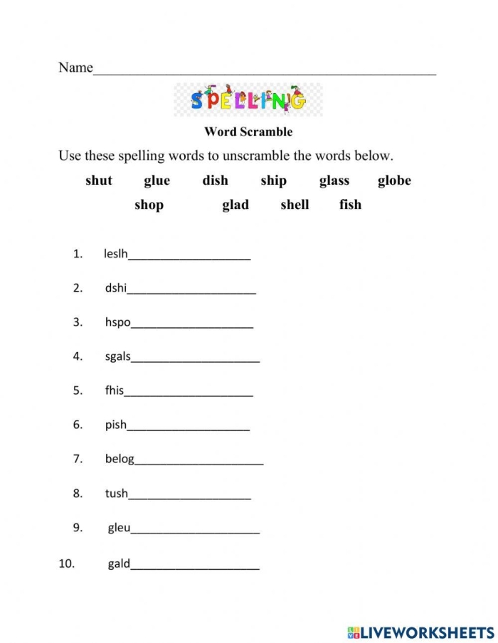 Challenge your spelling skills with this tricky unscramble exercise worksheet 20 Third grade spelling worksheet for unscrambling words with letter tiles