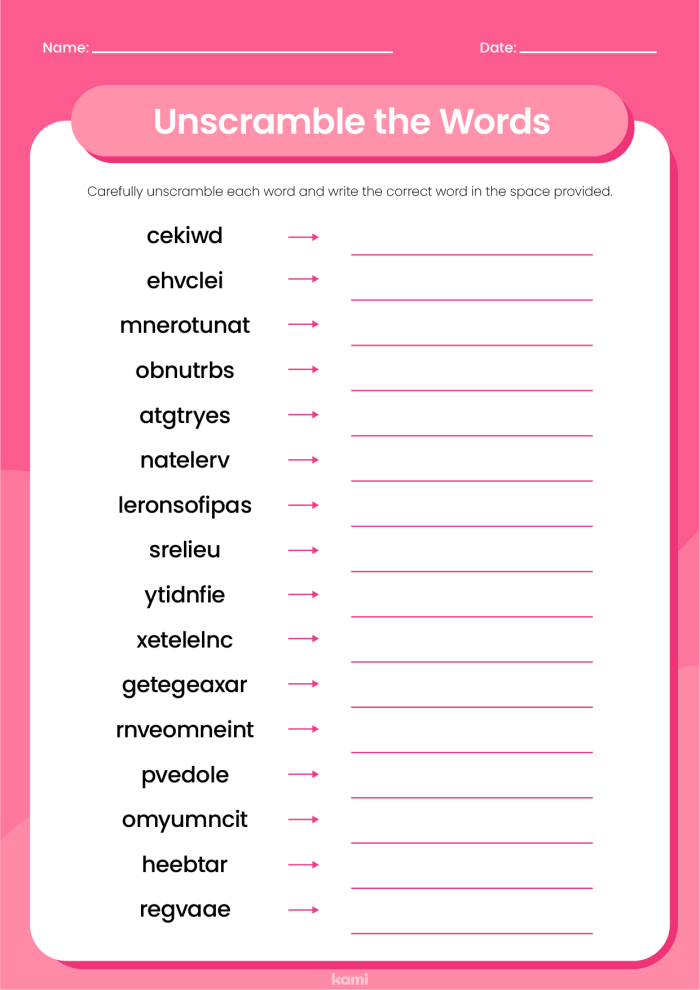 Spelling challenge worksheet for third graders to practice correct word order Third Grade Unscramble Spelling Words worksheet with jumbled letters to reorder