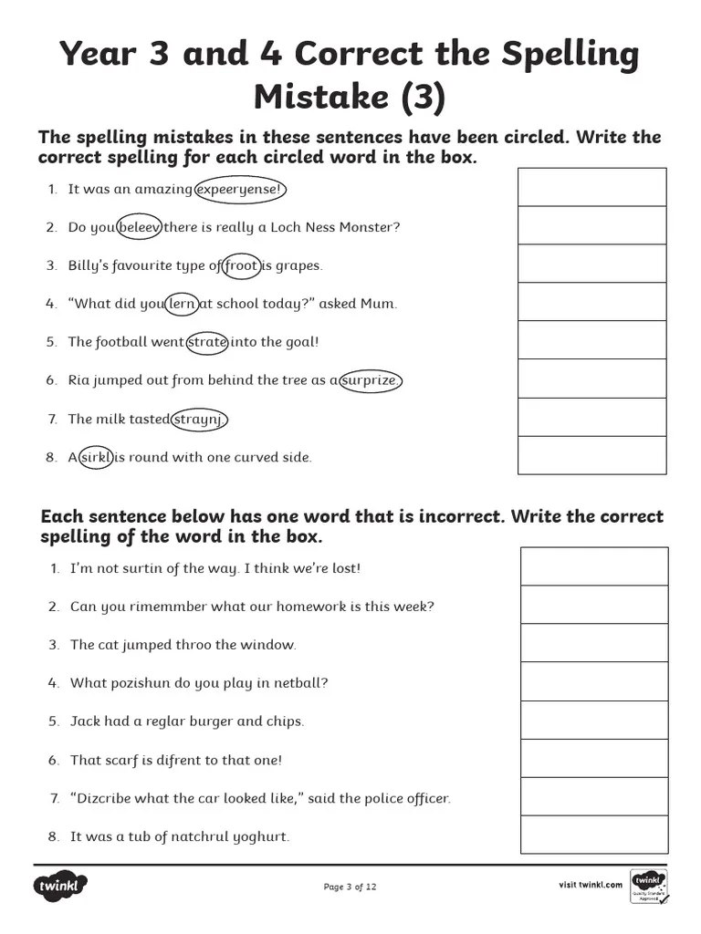 Spelling test correction activity with Natalie and Joseph for grade three students Third graders correcting spelling errors on a worksheet about time and money