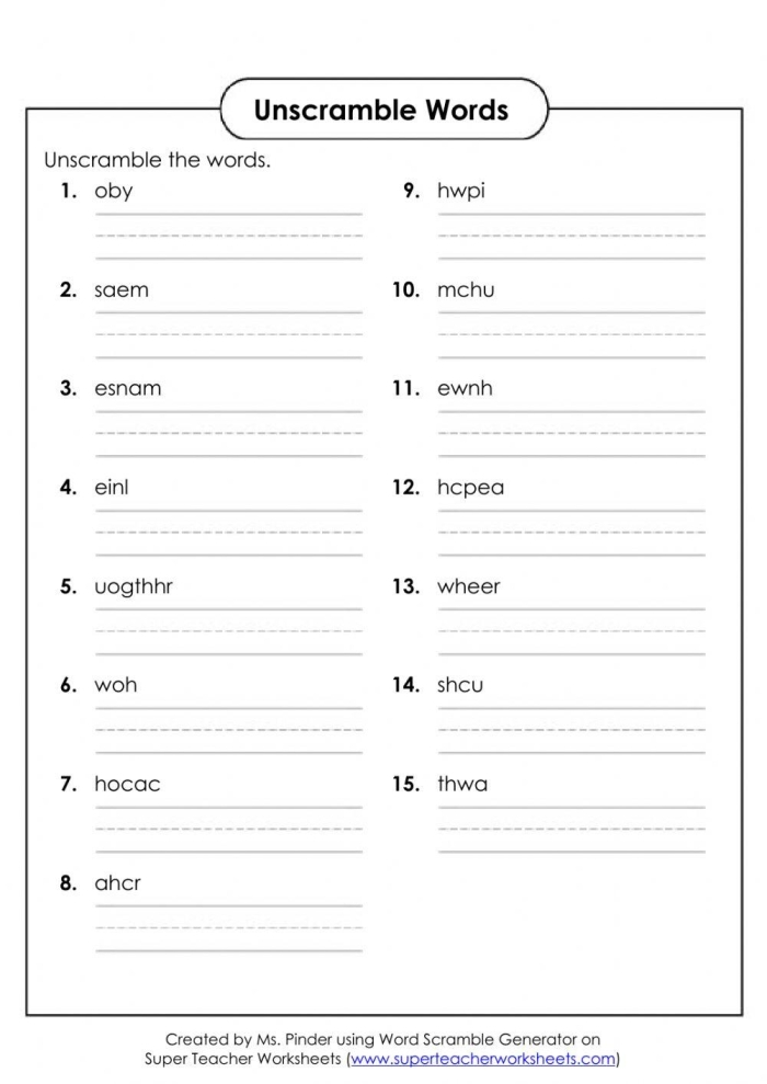 Challenging spelling activity for third graders with scrambled letters to reorder Third grade student working on an unscramble spelling words worksheet