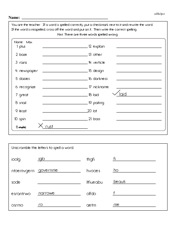 Spelling test correction activity for third grade students with Natalie and Joseph Third graders correcting spelling mistakes on a worksheet about time and money
