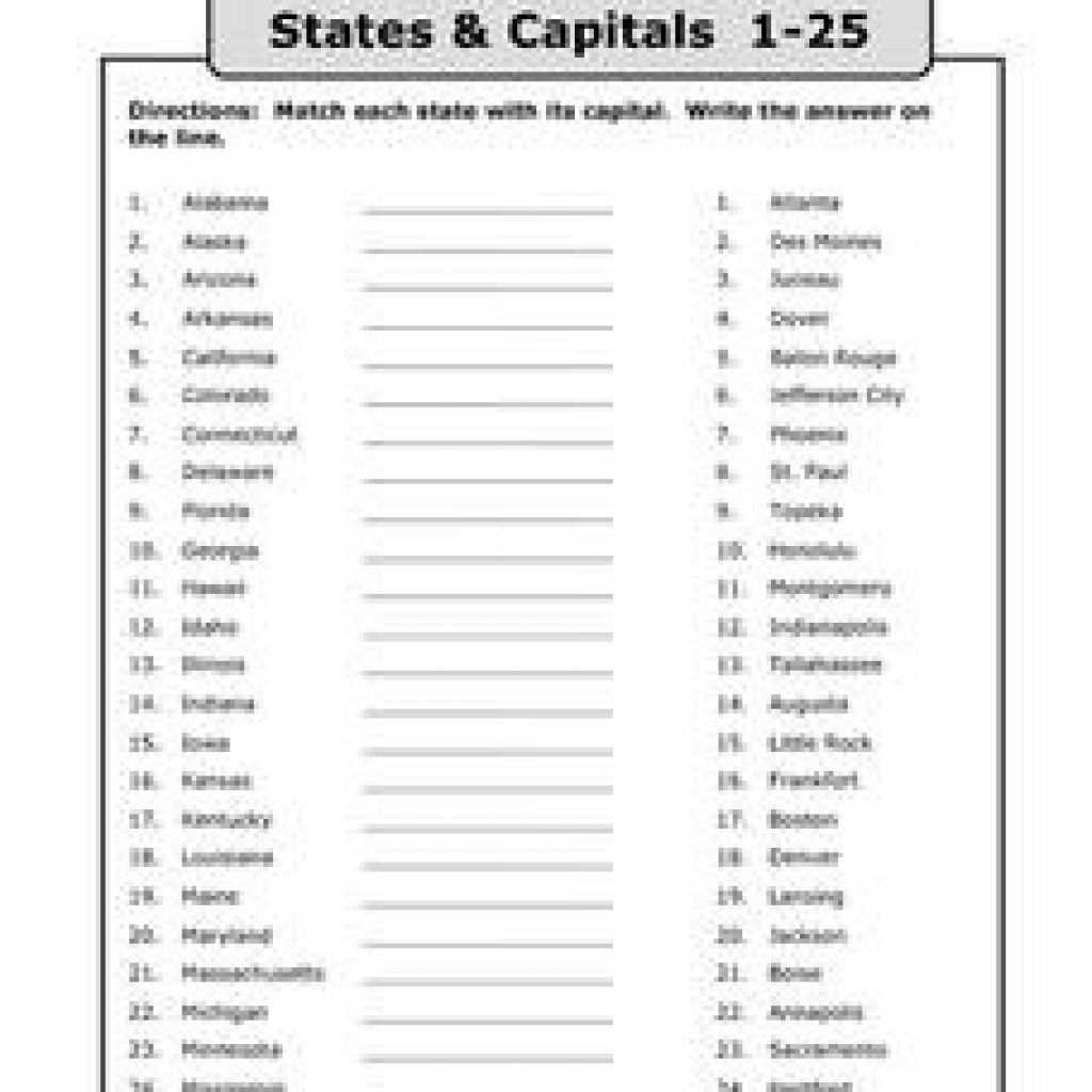 Third grade geography worksheet showing a blank US map with state outlines for students to practice identifying and naming states like New York, Illinois, and South Carolina