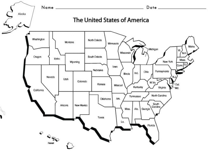 Third grade geography worksheet showing a blank US map with state outlines where students match state names like New York, Illinois, and South Carolina to their correct locations