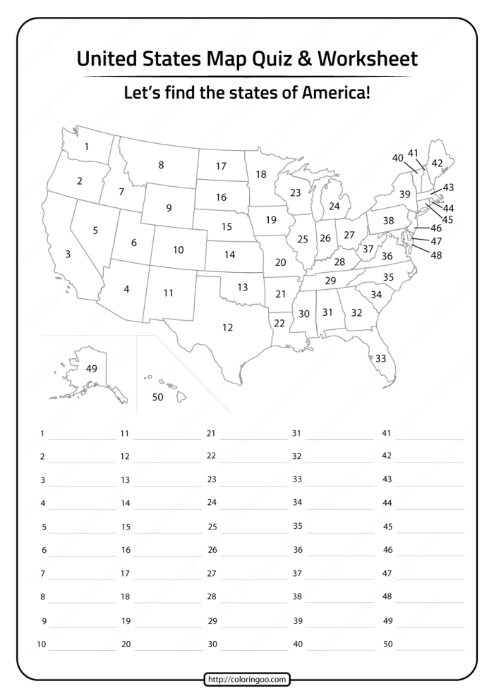 A third grade geography worksheet showing a blank US map with state outlines and a list of state names for students to match and identify