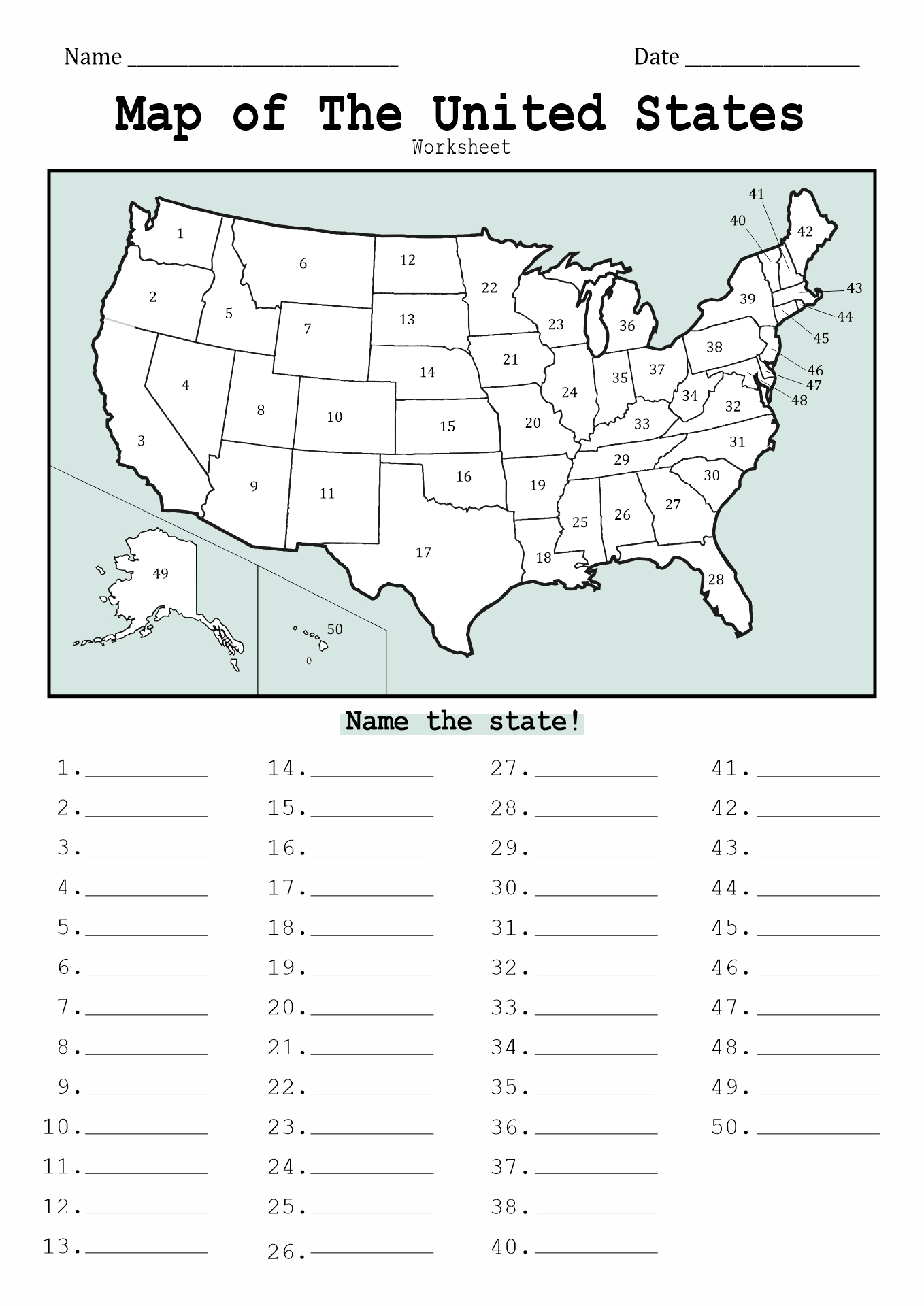 Third grade geography worksheet showing a blank US map with state outlines where students match state names like New York, Illinois, and South Carolina to their correct locations