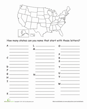 A third grade worksheet showing a blank United States map with state outlines where students match state names to their correct locations
