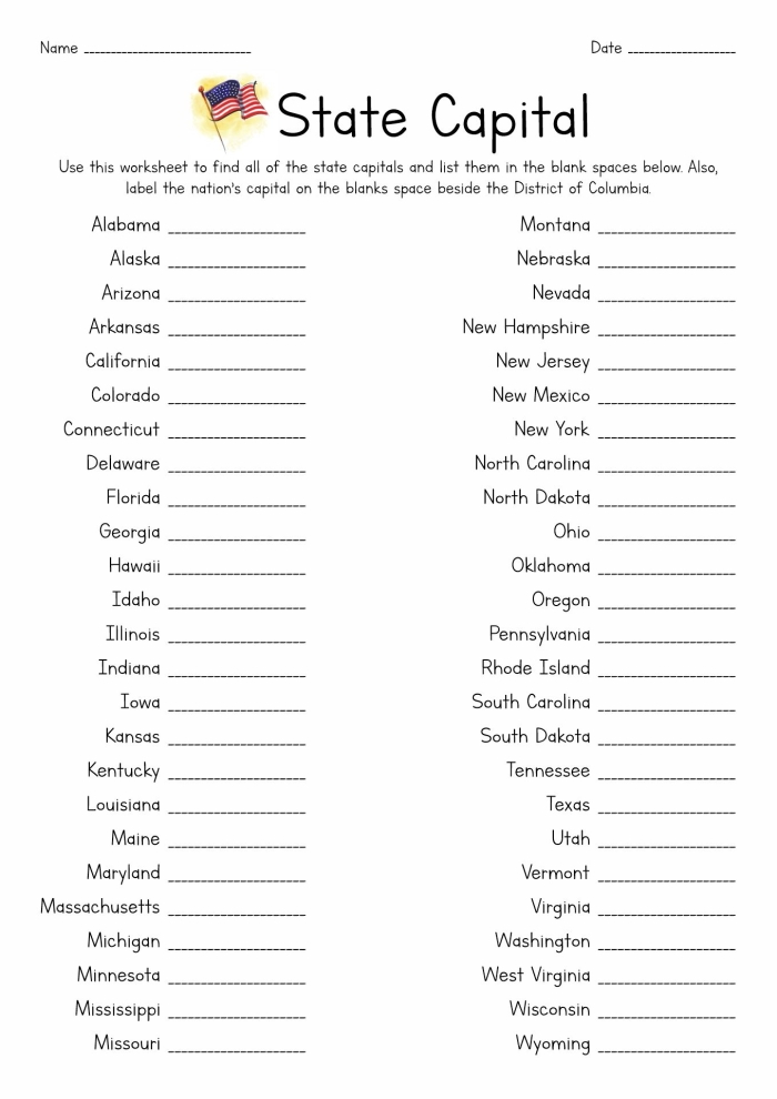 Third grade students matching state names to unmarked locations on a United States map worksheet for geography practice