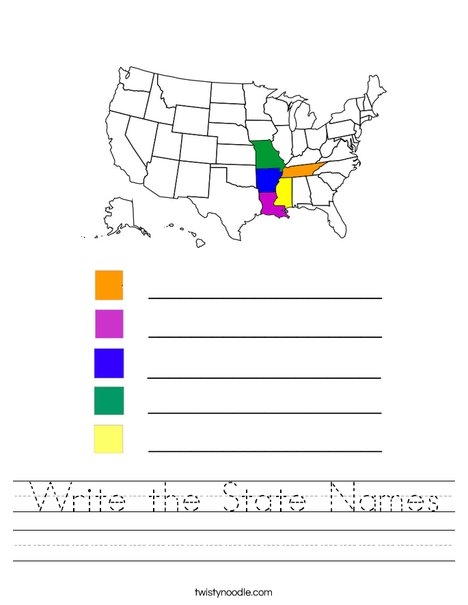 Map worksheet showing blank U.S. states for third graders to identify and match state names including New York, Illinois, and South Carolina