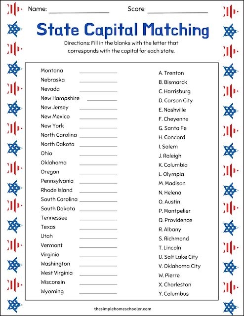 States and Capitals Practice: What's That State? worksheet image 23 Worksheet for practicing U.S. states and capitals with a map for third graders