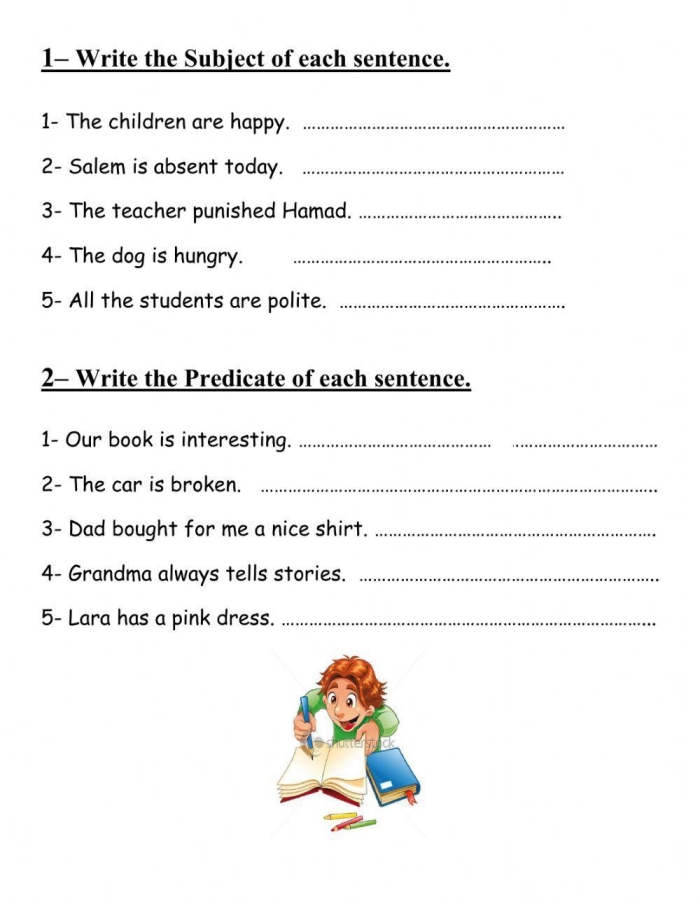 Subject and predicate practice worksheet for third grade students image 2 Third grade grammar worksheet with sentences for identifying subjects and predicates