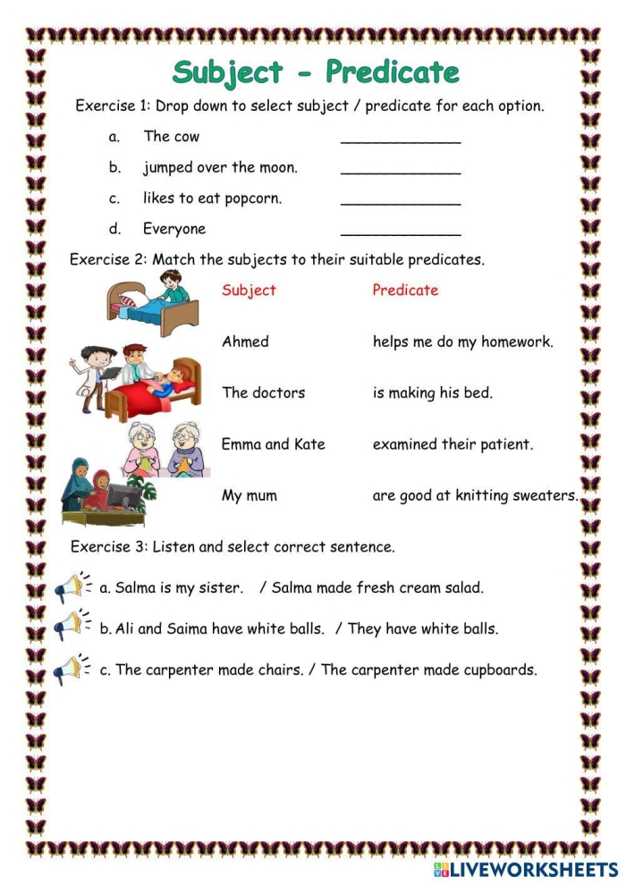 Subject and Predicate Practice worksheet for grammar skills in grade 3, image 16 Third Grade grammar worksheet featuring sentences to identify subjects and predicates