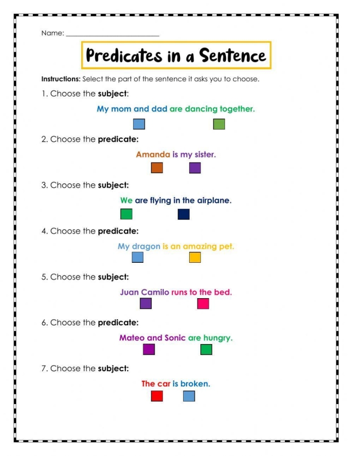 Subject and Predicate Practice worksheet for third grade grammar skills image 23 Third grade grammar worksheet with sentences for identifying subjects and predicates