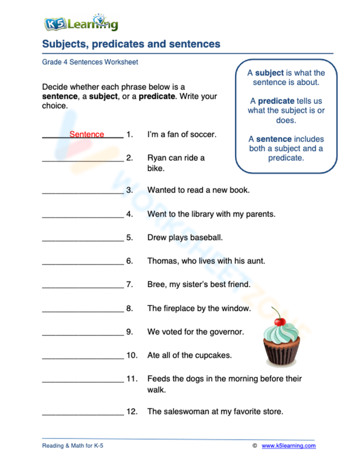 Subject and predicate practice exercise for third graders worksheet number 10 Third grade grammar worksheet with sentences for identifying subject and predicate