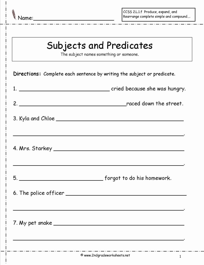 Subject and Predicate Practice worksheet for third grade grammar skills, image 20 Third grade grammar worksheet with 10 sentences for subject and predicate identification