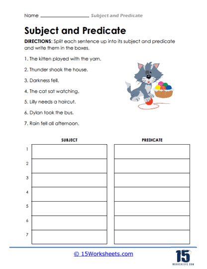 Subject and Predicate Practice worksheet for third graders with 10 example sentences, image 7 Third grade grammar worksheet with sentences to practice identifying subjects and predicates