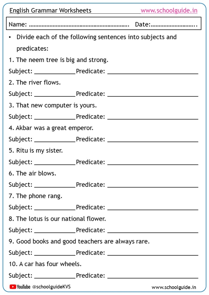 Subject and predicate identification practice sheet for third graders number 12 Third grade grammar worksheet with sentences for finding subject and predicate