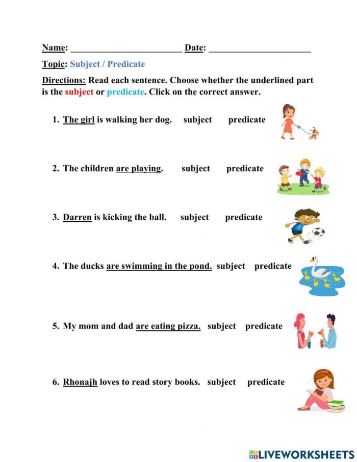 Subject and Predicate Practice worksheet page 24 for elementary grammar skills Third Grade grammar worksheet with sentences for identifying subjects and predicates