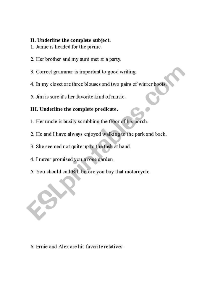 Worksheet for third graders focusing on complete subjects and predicates in sentences. Educational resource to help children learn sentence structure through practice.