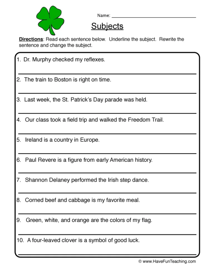Subject and Predicate Practice worksheet for third graders with ten example sentences Third grade grammar worksheet with sentences to identify subjects and predicates