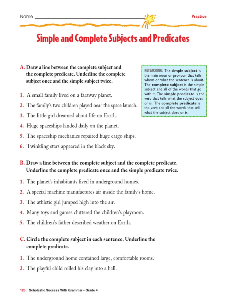 Worksheet for third graders to practice identifying complete subjects and predicates in sentences