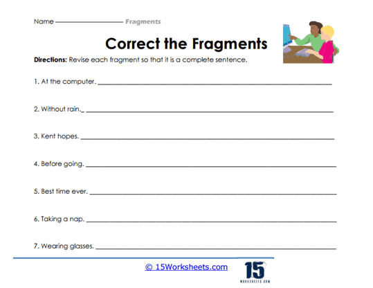 Worksheet 9 for practicing sentence completion by fixing fragments in subtraction context Third grade students working on a Fix the Fragments worksheet focusing on subtraction sentences