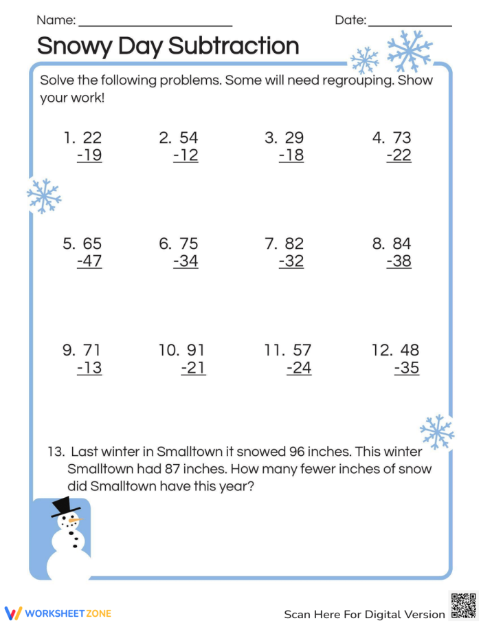 Seasonal subtraction practice worksheet for third graders, image sixteen Third Grade Snowy Subtraction worksheet with 12 three-digit problems to solve