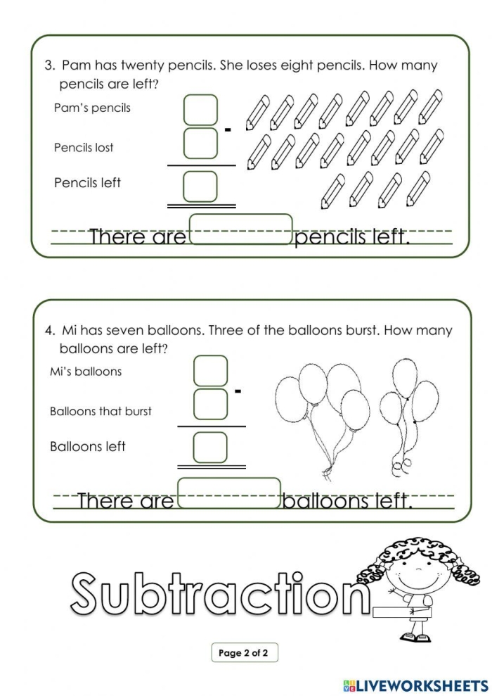 Worksheet for practicing two- and three-digit subtraction with school-related word problems 7 Third Grade subtraction word problem worksheet featuring time and money themes