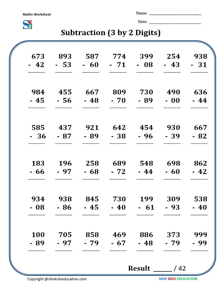 Third-grade subtraction worksheet with engaging exercises for students Subtraction practice worksheet featuring two-digit and three-digit math problems for third graders