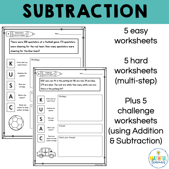 Subtraction worksheet for practice with two- and three-digit numbers in word problems Third grade subtraction word problems focused on time and money concepts