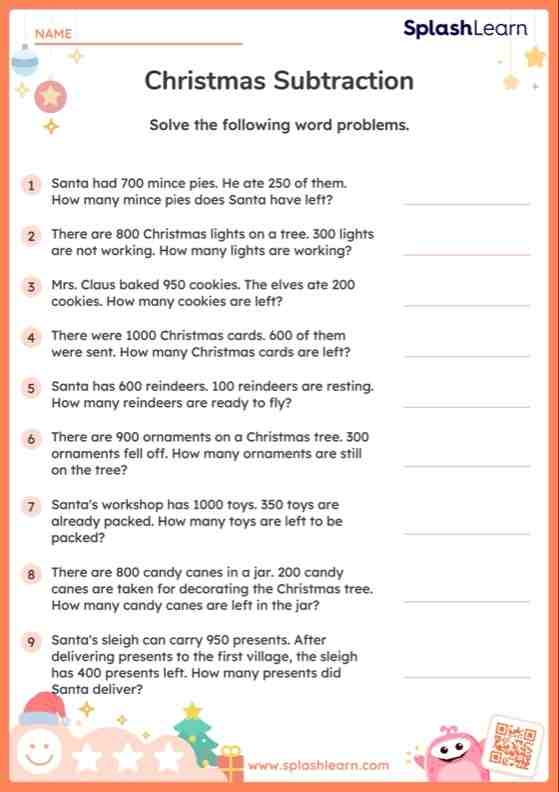 Illustration of a math worksheet focused on solving three-digit subtraction problems Third grade students working on subtraction word problems from the 'Subtract 'Em' worksheet