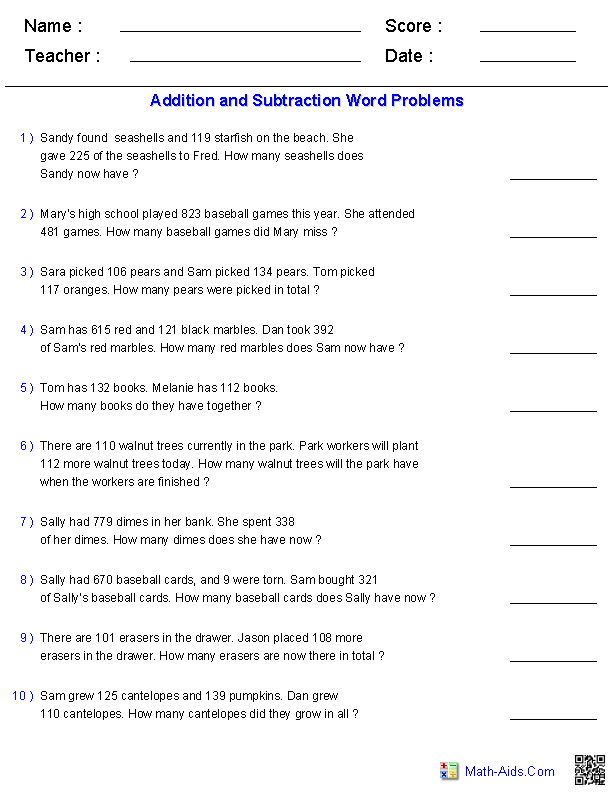 Subtract 'Em worksheet for third graders focusing on three-digit subtraction problems Children engaging with subtraction word problems on a third-grade math worksheet