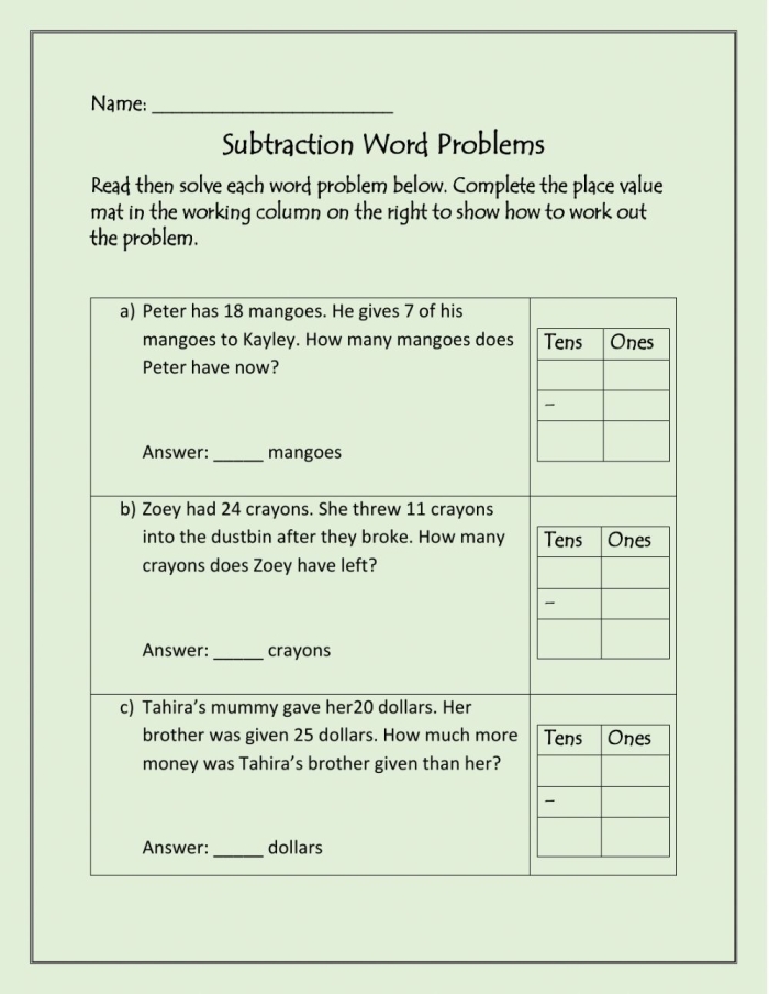 Engaging subtraction worksheet for third graders focusing on word problems and three-digit numbers Third grade students working on subtraction word problems in the 'Subtract 'Em' worksheet