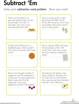 Subtract 'Em worksheet for third graders focusing on three-digit subtraction problems Third grade students engaged in solving subtraction word problems on a worksheet
