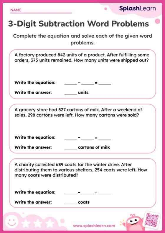 Subtract 'Em worksheet for third graders focusing on three-digit subtraction problems Third grade students working on subtraction word problems in a math worksheet