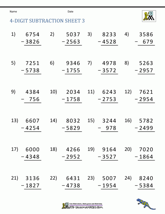 Subtract 'Em worksheet for third graders featuring three-digit subtraction challenges Third grade students solving subtraction word problems on a math worksheet