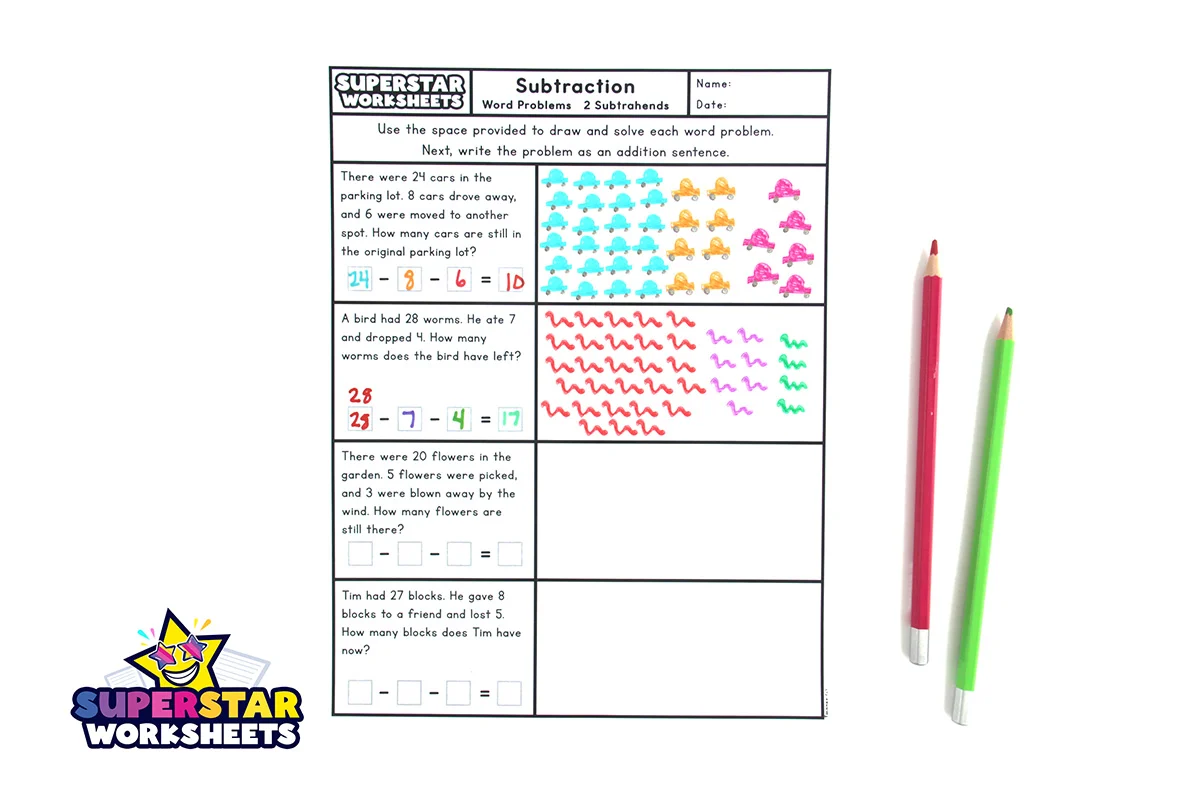 Third Grade Time and Money Subtraction Practice Worksheet 4 Third grade worksheet featuring word problems focused on subtracting two- and three-digit numbers related to time and money